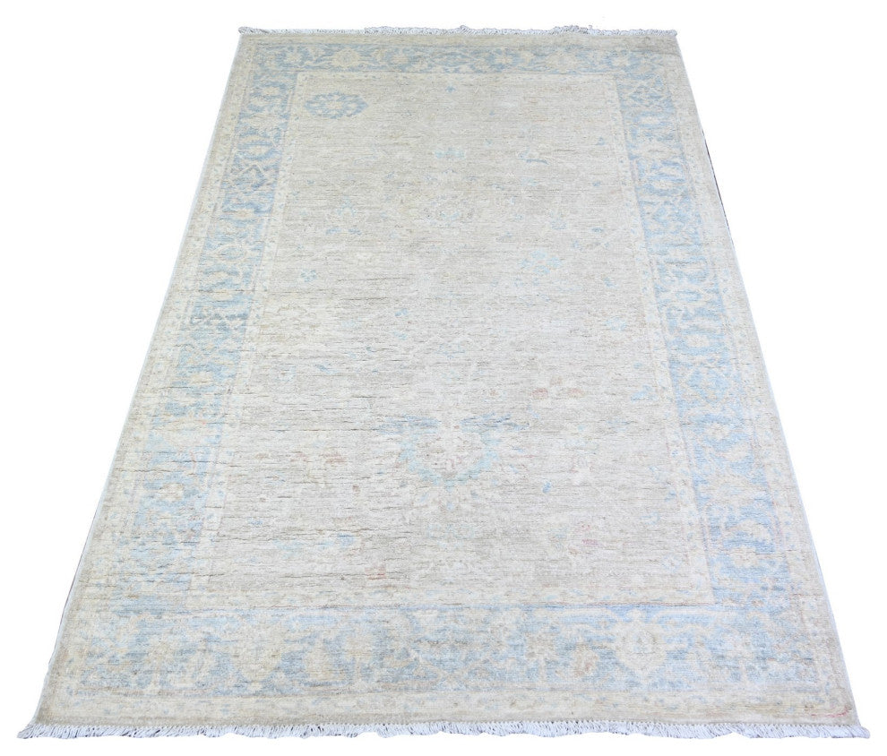 Gray Shiny Wool Hand Knotted White Wash Peshawar Oriental Rug, 3'9"x5'11"