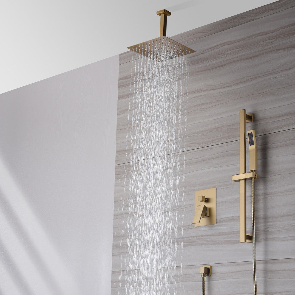 CASAINC 10" Ceiling Mounted Shower System Set w Sliding Handheld Rod, Brushed Gold