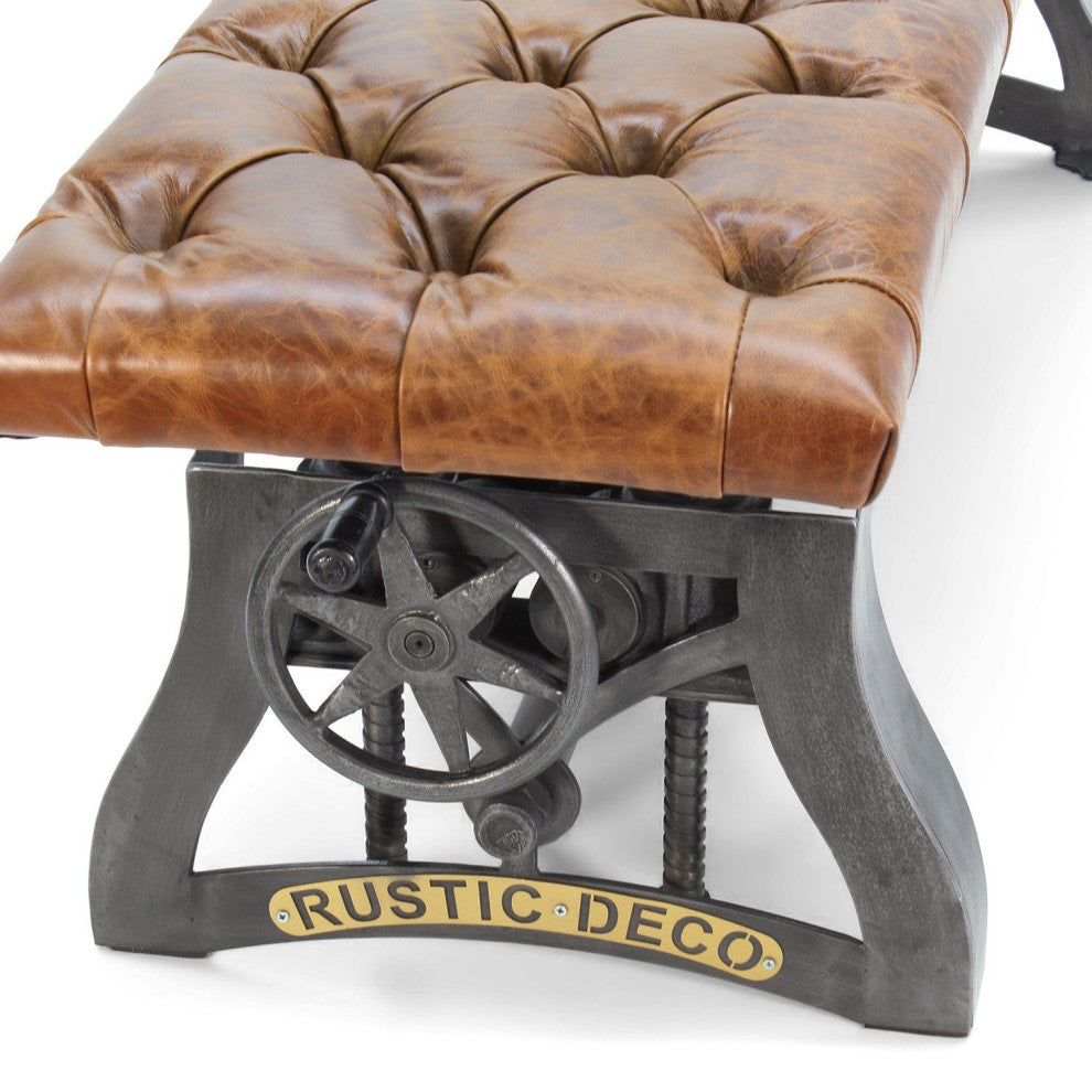 Crescent Industrial Dining Bench - Adjustable Iron Base - Brown Leather Seat