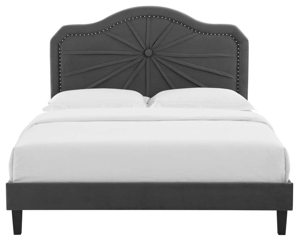 Platform Bed Frame, King Size, Velvet, Dark Gray, Modern Contemporary