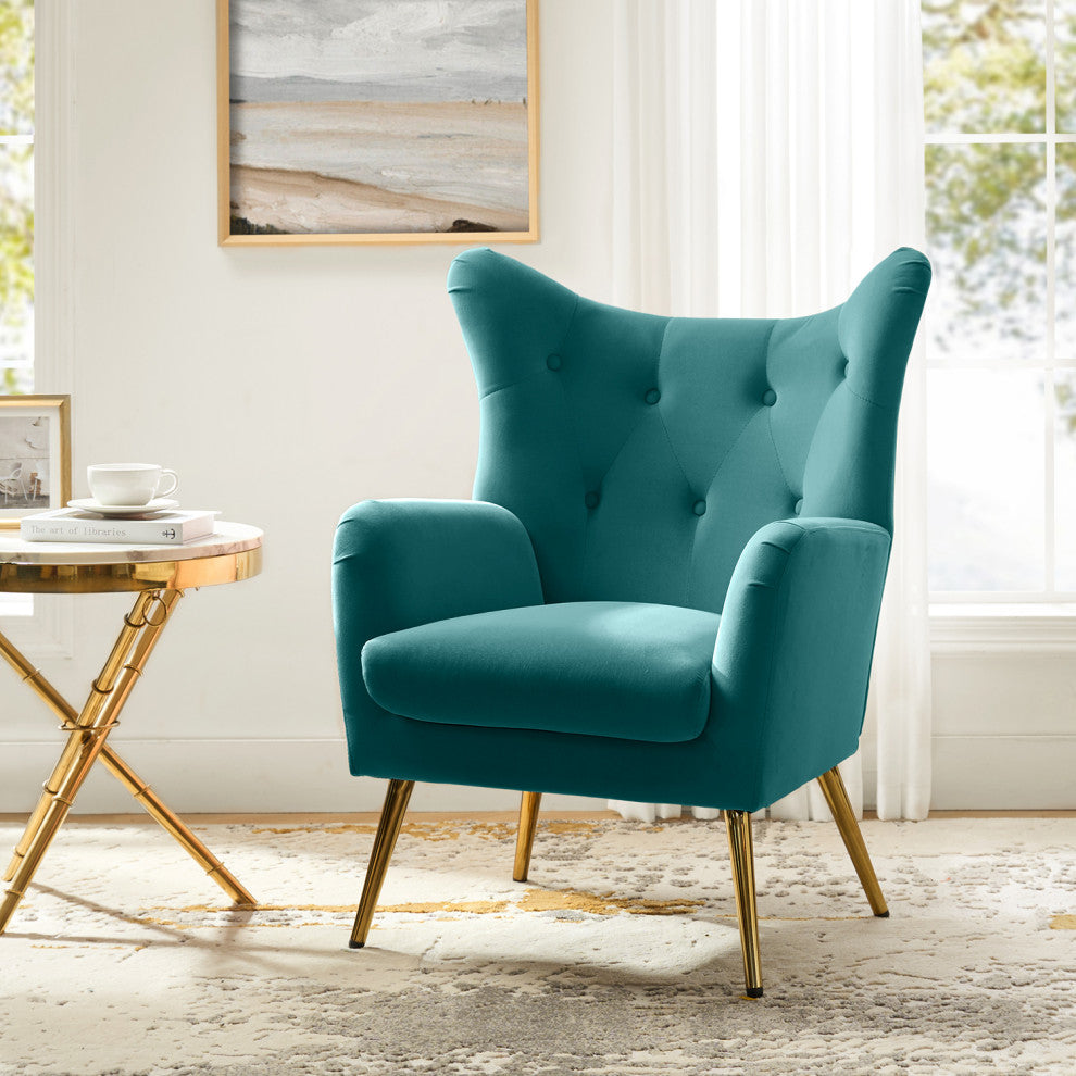 Tufted Accent Chair With Golden Legs, Blue