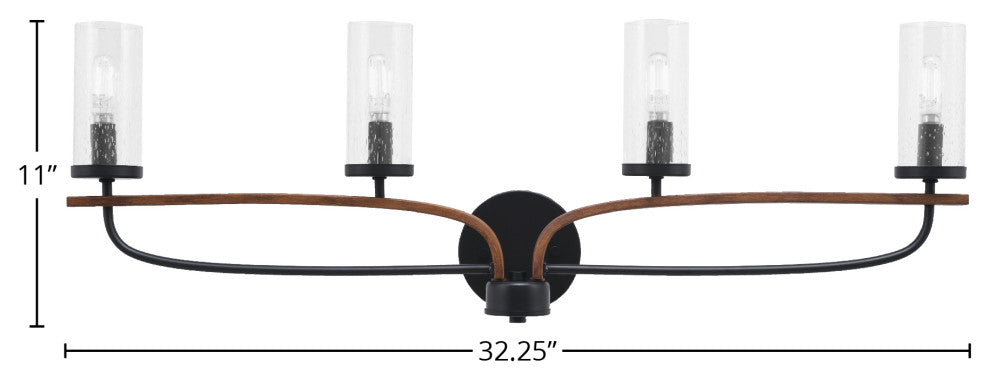 Monterey 4-Light Bath Bar, Matte Black & Painted Wood-look, Clear Bubble Glass