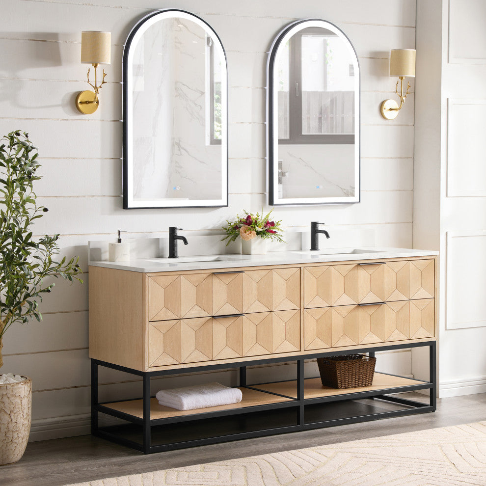 Milagro Bath Vanity With Top, Washed Ash Grey, Matte Black Base, 72", No Mirror