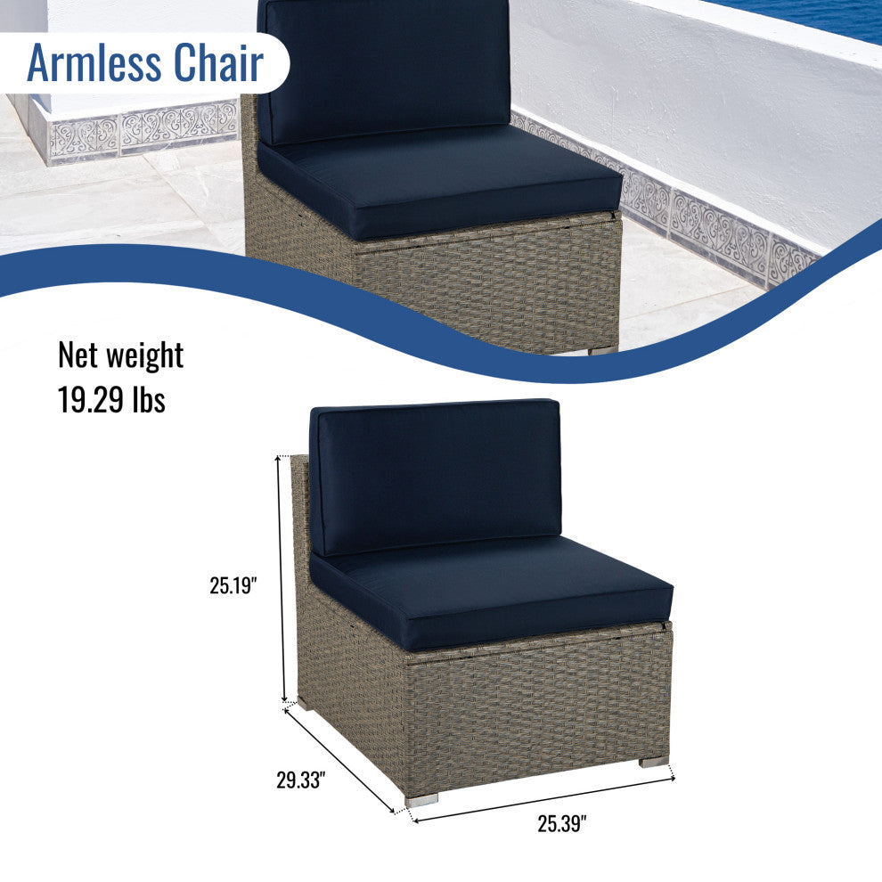 84" Wide Outdoor Wicker Reversible Patio Sectional With Cushions, Navy