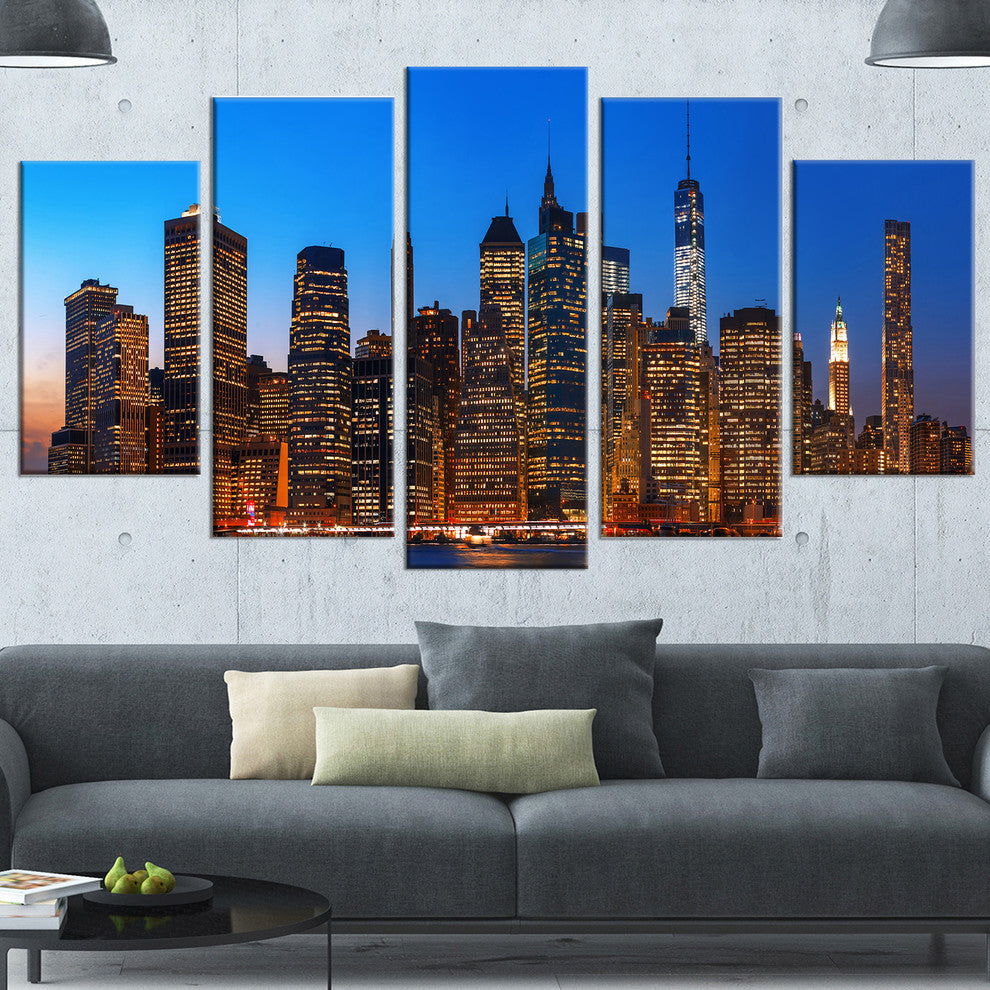 Night New York City Panorama, Gold, Extra Large Canvas Print, 60"x32", 5 Panels