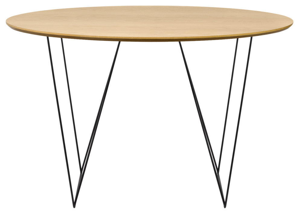 Round Contemporary Wood Top Dining Table, Oak Top/Black Steel