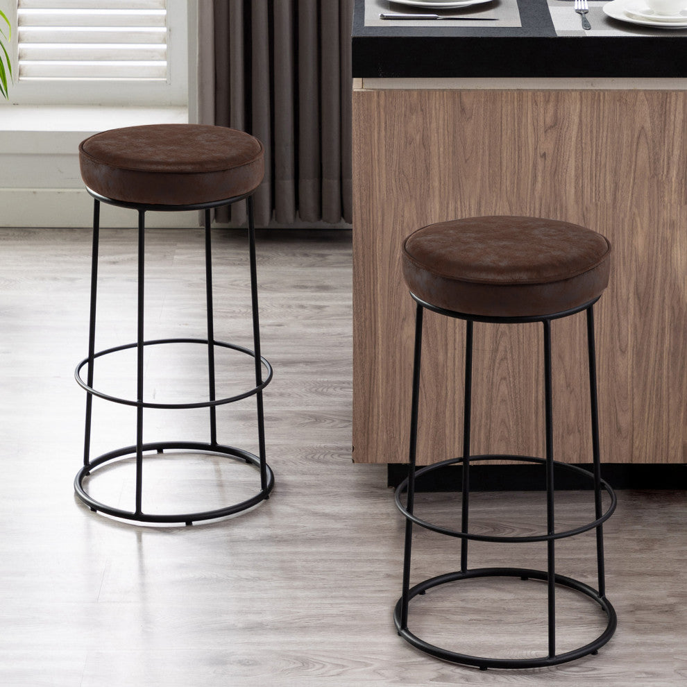 Set of 2 Round Circular Base Leathaire Bar Stools, Dark Brown