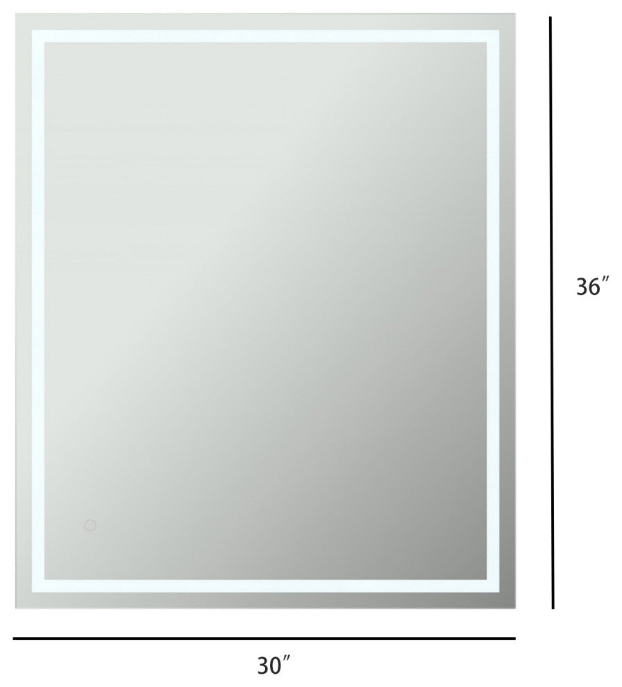 Rectangular Frameless Dimmable Anti-Fog Wall Mounted LED Bathroom Vanity Mirror, 30" X 36";