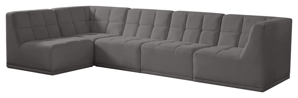 Relax Velvet Upholstered 5-Piece L-Shaped Modular Sectional, Grey