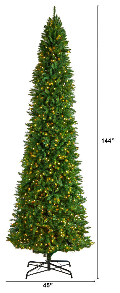 12' Slim Green Mountain Pine Christmas Tree, 1100 Clear LED Lights, 3235 Tips