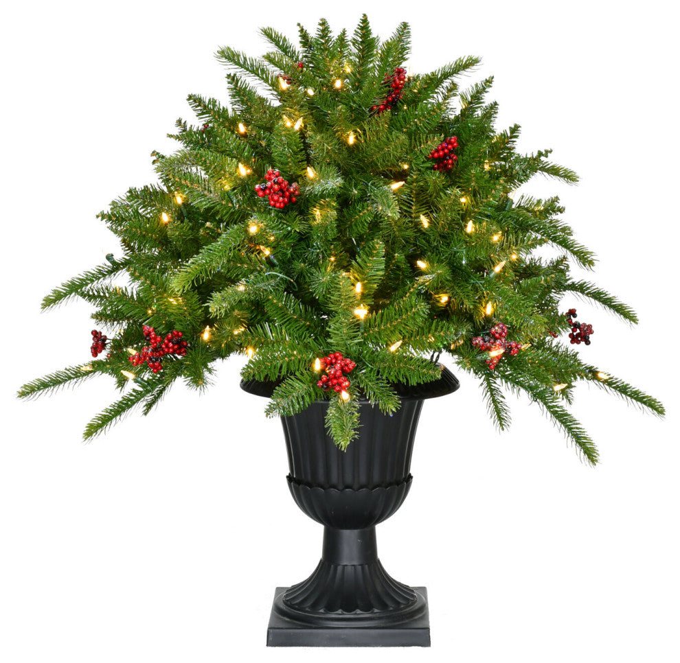 Porch Tree, Black Pot With Red Berries and Warm White Lights, 2 Feet