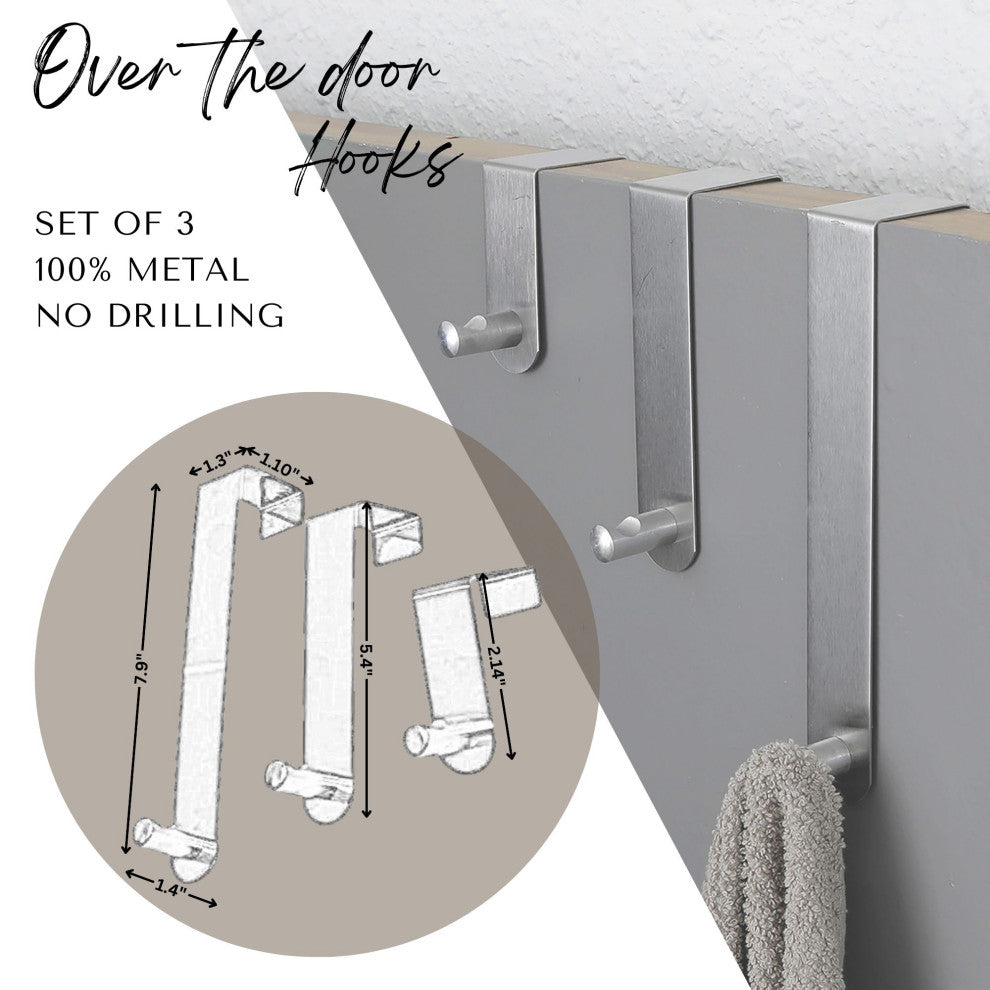Over The Door Hooks - 3-Piece Door Hanger Set for Clothing and Accessories, Silver