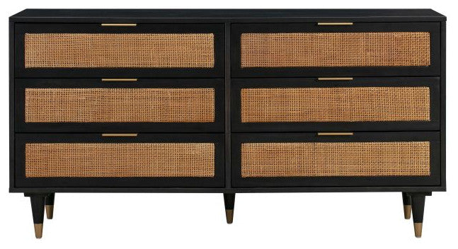 Sierra 6 Drawer Dresser, Beach Rattan Cabinet, Jungle Wicker Chest, Noir