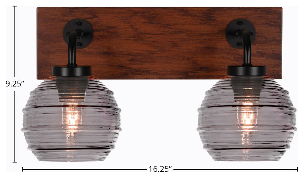 Oxbridge 2-Light Bath Bar, Matte Black & Painted Wood-look Metal/Smoke Ribbed