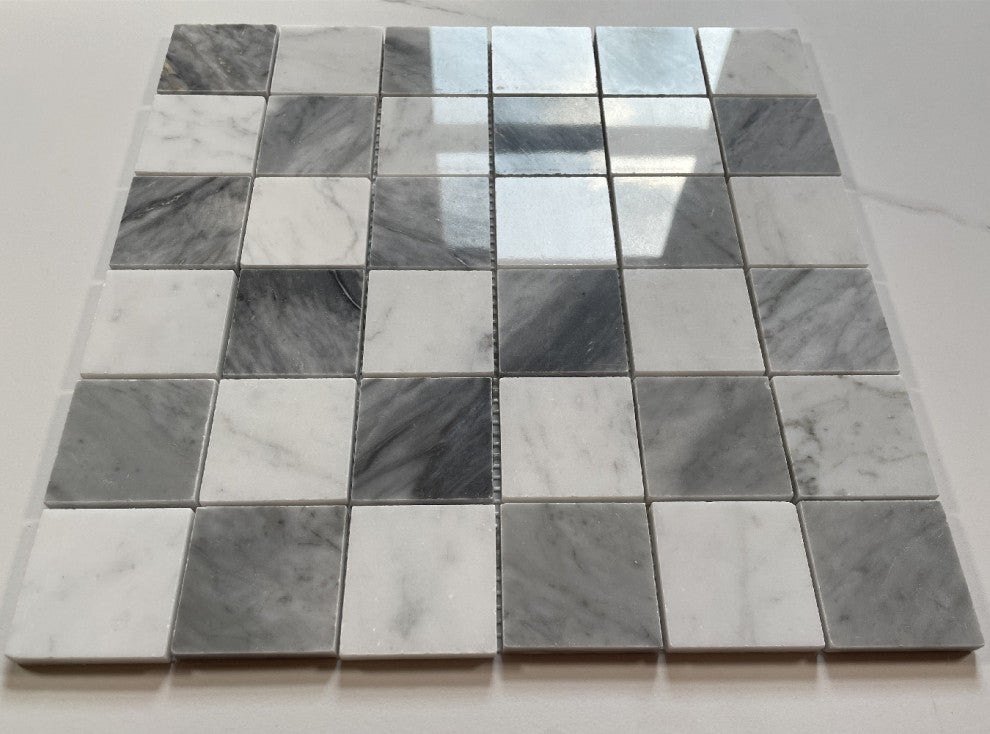 Carrara White Bardiglio Gray Marble Checkerboard Mosaic Tile Polished, 1 sheet