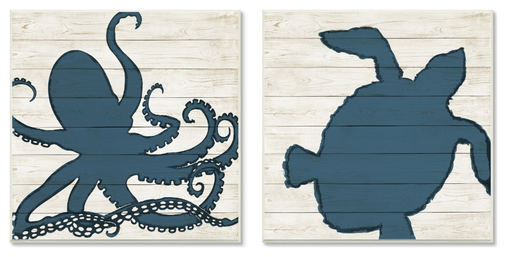 Nautical Blue Silhouette Octopus Sea Turtle Aquatic Animals,12 x 12
