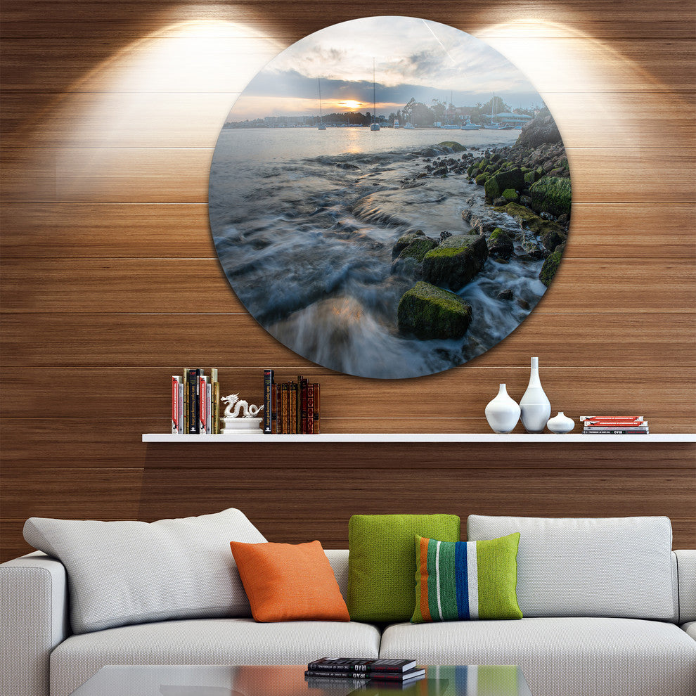 White Waves Hitting Rocky Seashore, Seashore Disc Metal Artwork, 36"