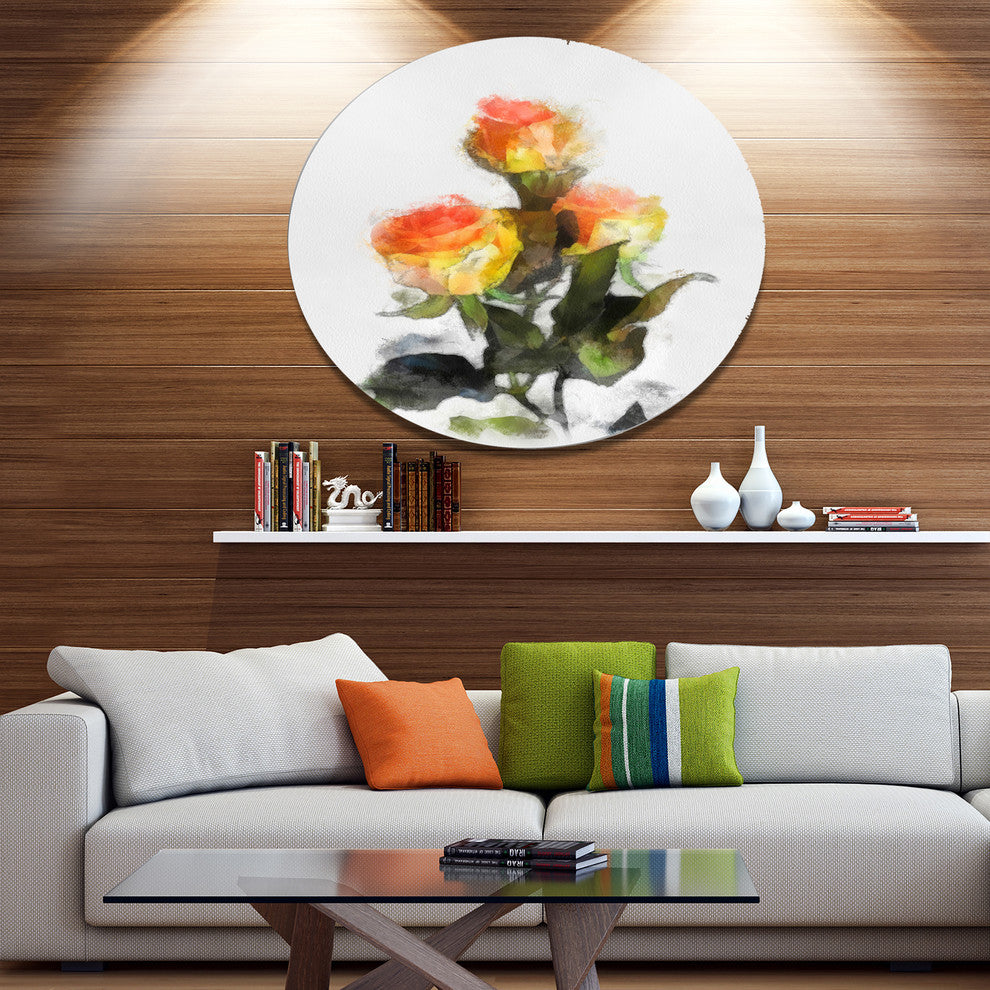 Hand-Drawn Yellow And Red Roses, Floral Round Wall Art, 23"