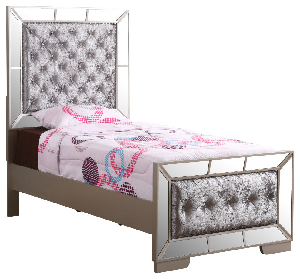 Galera Tufted and Mirrored Bed, Gray, Twin