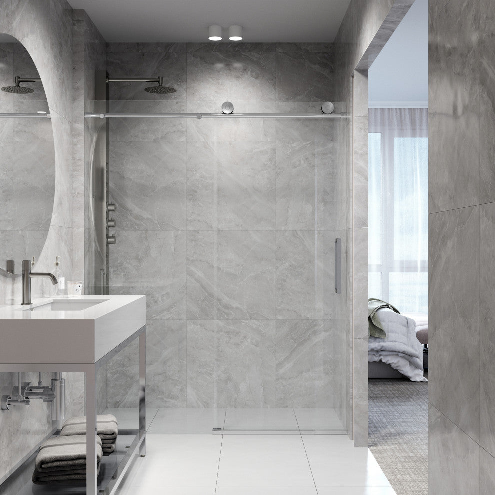 VIGO Elan Frameless Sliding Shower Door, V-Motion, Clear Glass, Chrome, 56" to 60" W X 76" H