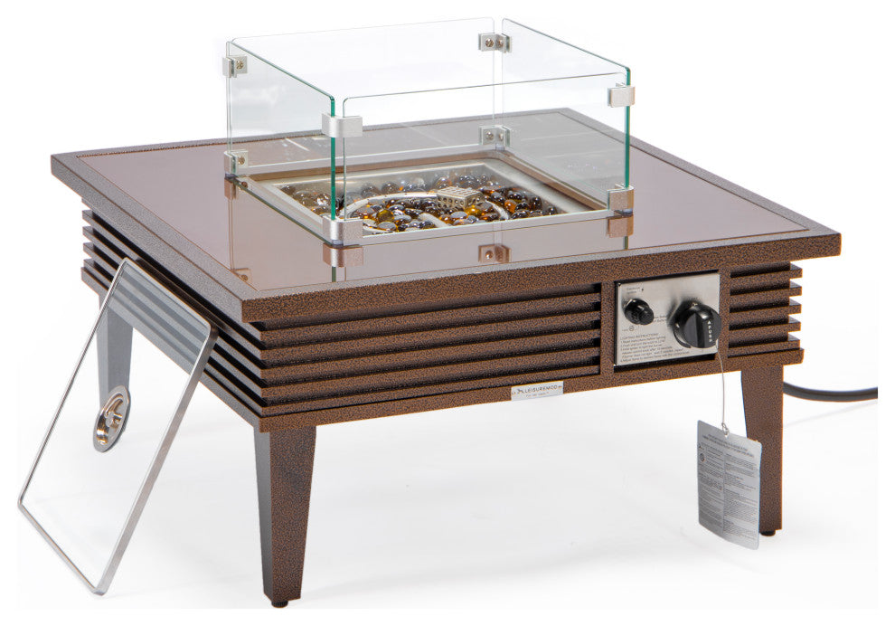 Leisuremod Walbrooke Patio Square Fire Pit Table With Aluminum Slats Frame, Brown