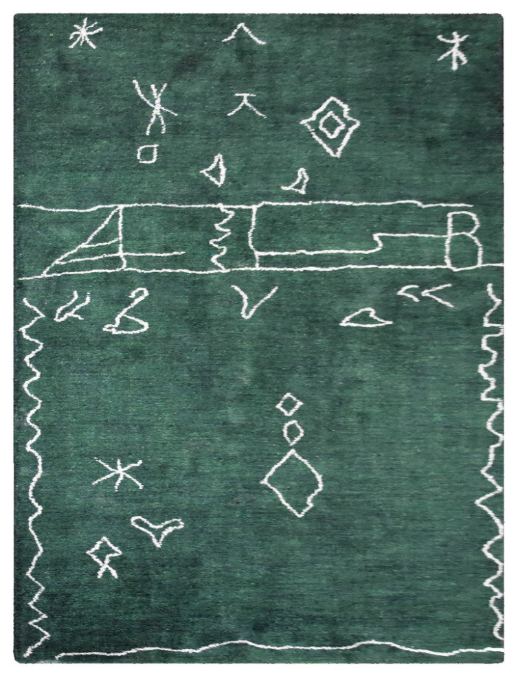 HAND KNOTTED LOOM SILK AREA RUGS-8'x10',Rectangle,Dark Green White,Contemporary