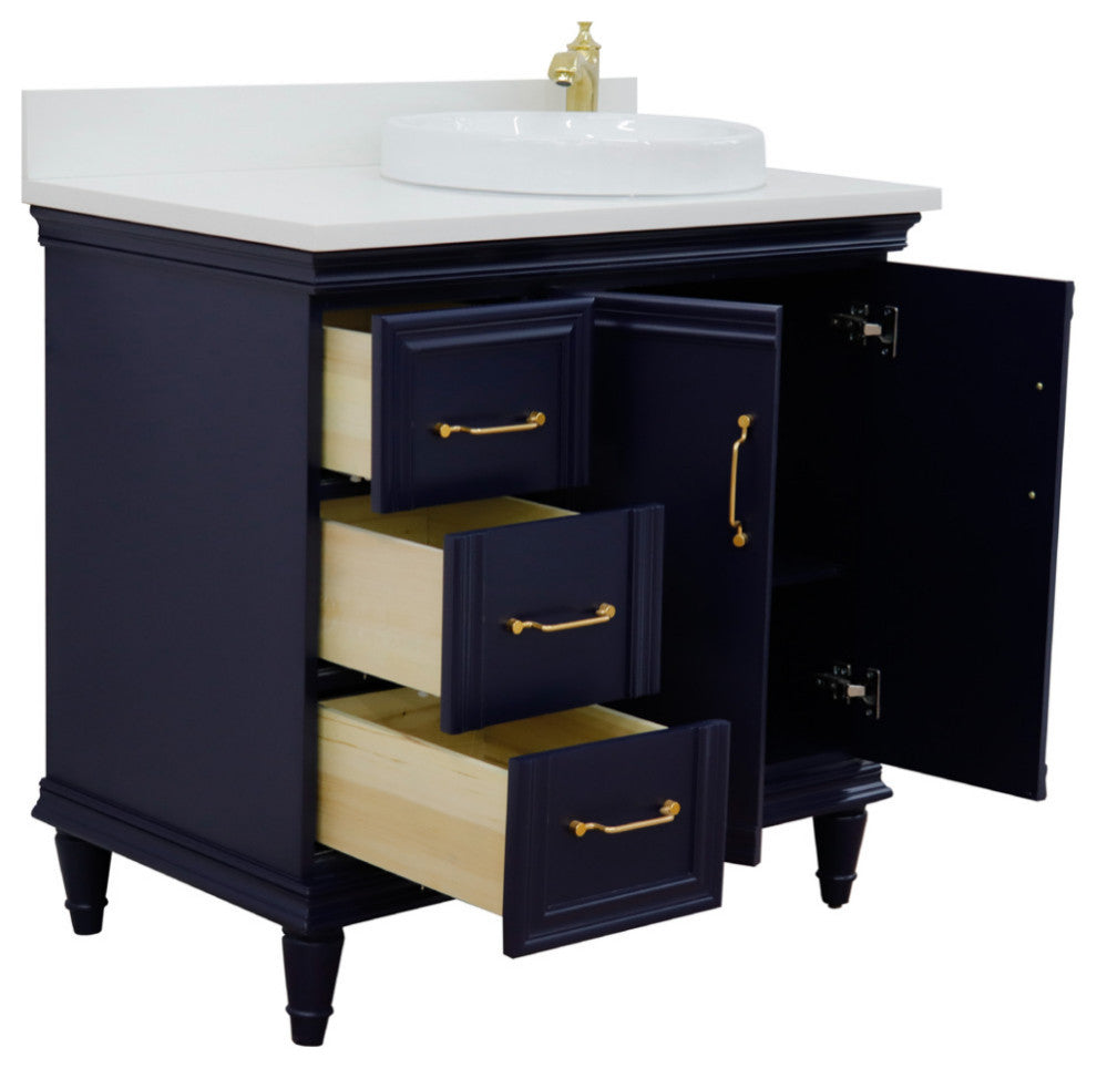 37" Single Vanity, Blue Finish With White Engineered Stone Top