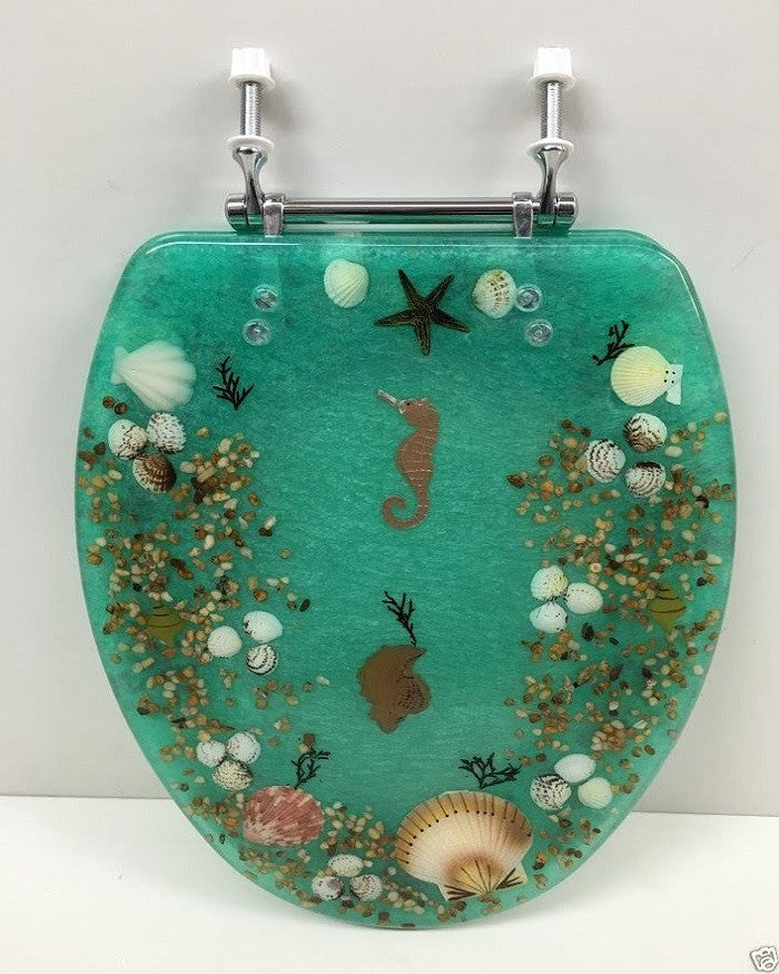 Jewel Seashell and Seahorse Resin Toilet Seat, Standard Round, Green