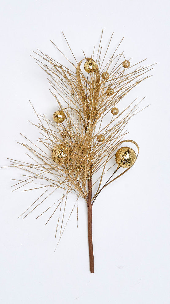 Glitter Pine and Ball Pk Pick, Gold, 14"