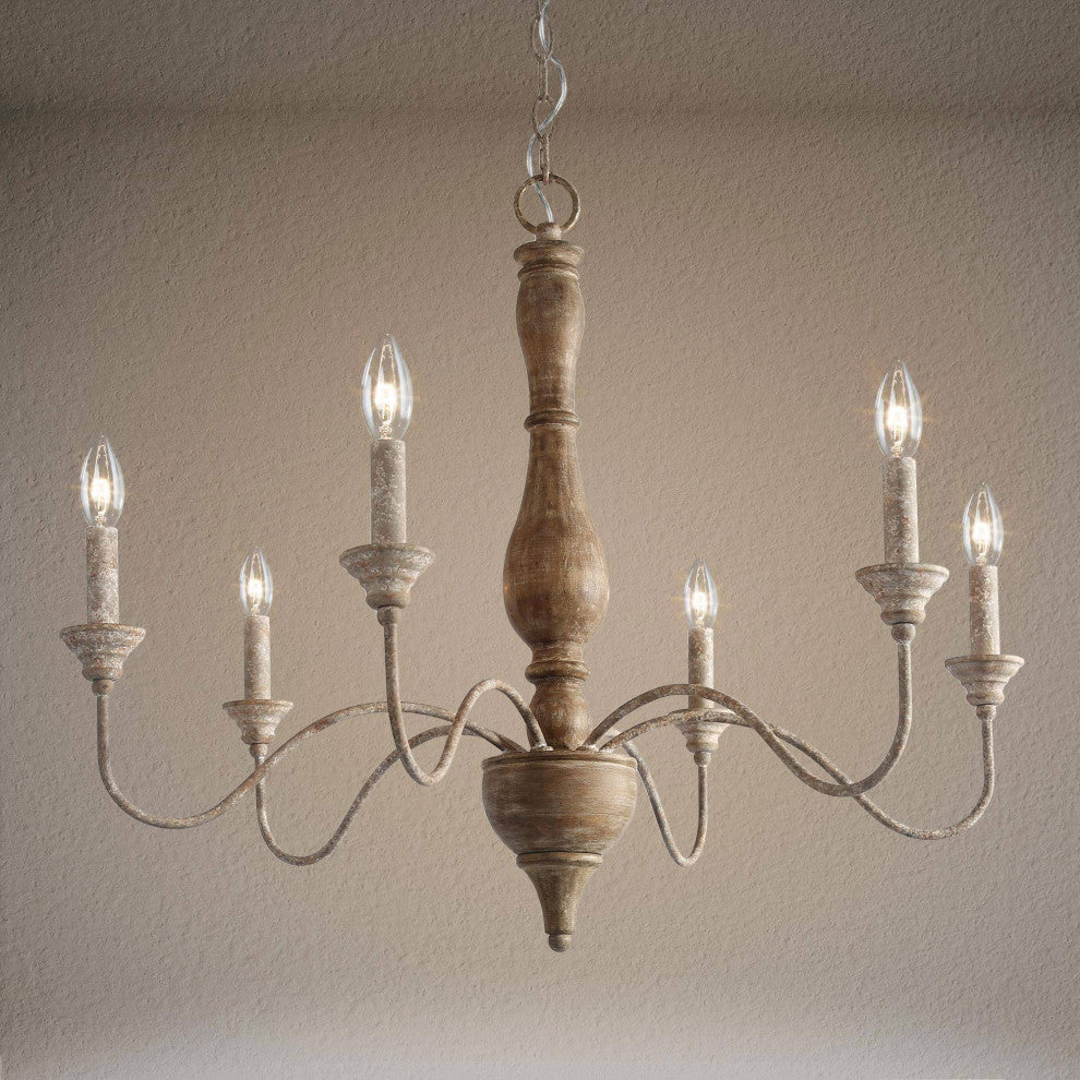 LALUZ 6-Light French Country Distressed White Wood Candle-Style Chandeliers