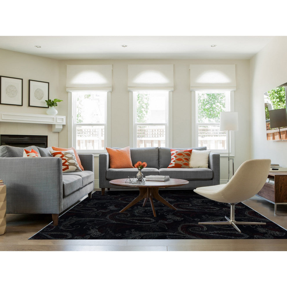 Neutral Black, Modern Design, Hand Knotted Pure Wool Oriental Rug, 8'1"x10'