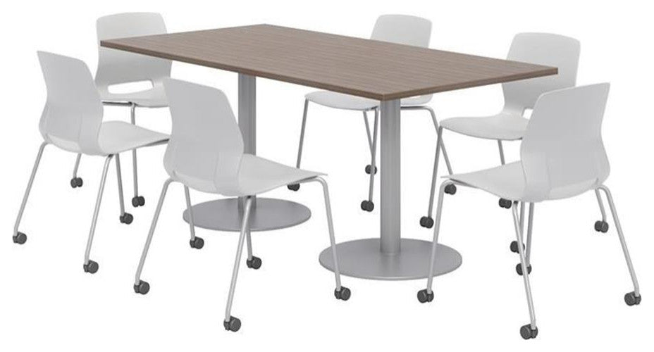 36 x 72" Table - 6 Lola Grey Caster Chairs - Teak Top - Silver Base