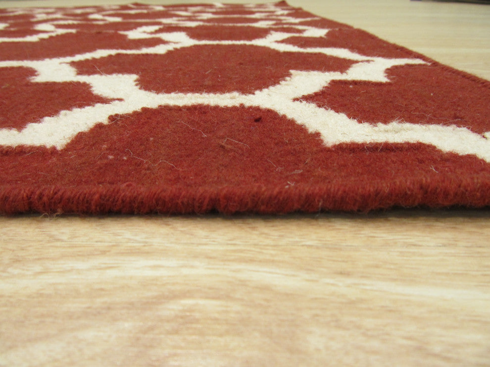 Handmade Wool Red Contemporary Trellis Flatweave Reversible Moroccan Rug, 5'x8'