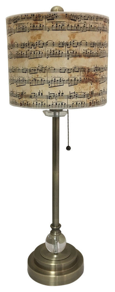 28" Crystal Buffet Lamp With Musical Notes Design Shade, Antique Brass, Single