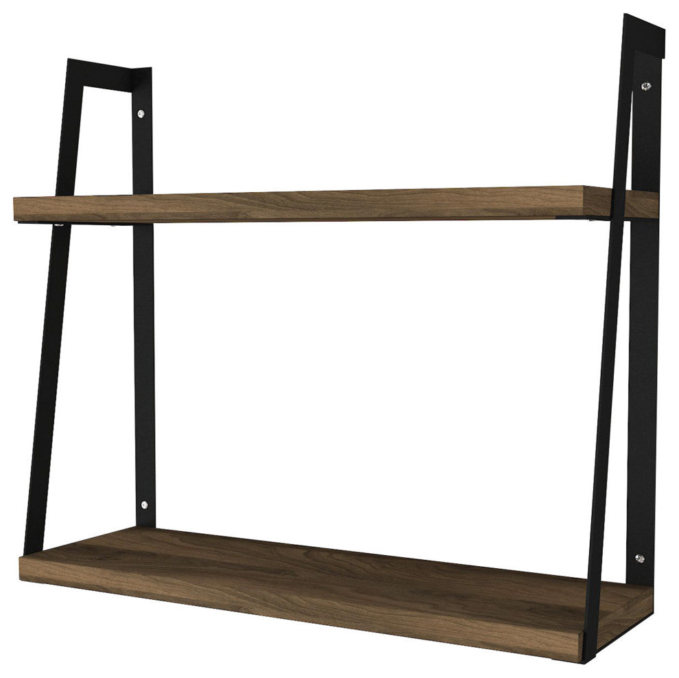Benzara UPT-272760 2 Tier Wood Floating Wall Mount Shelf, Brown and Black