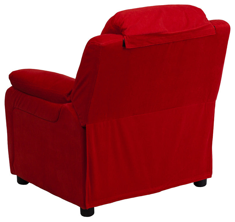 Deluxe Padded Red Microfiber Kids Recliner with Storage Arms