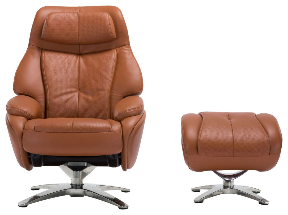 Melbourne Top Grain Leather Ergonomic Manual Recliner & Ottoman Set, Tan/Silver