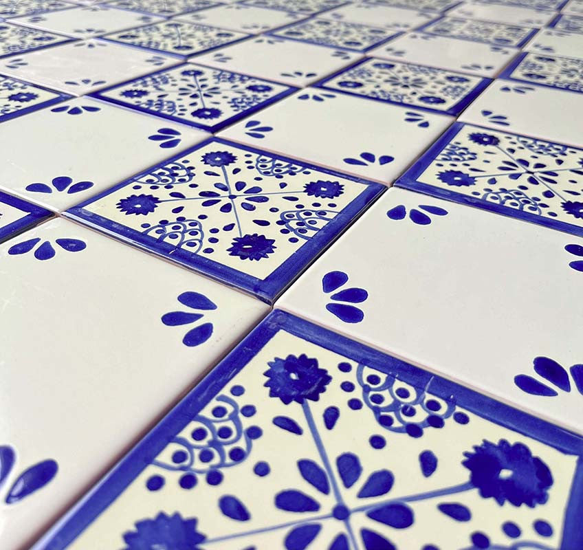 4.25"x4.25" Talavera Mexican Handmade Ceramic Tile, Blue Ville, Set of 9