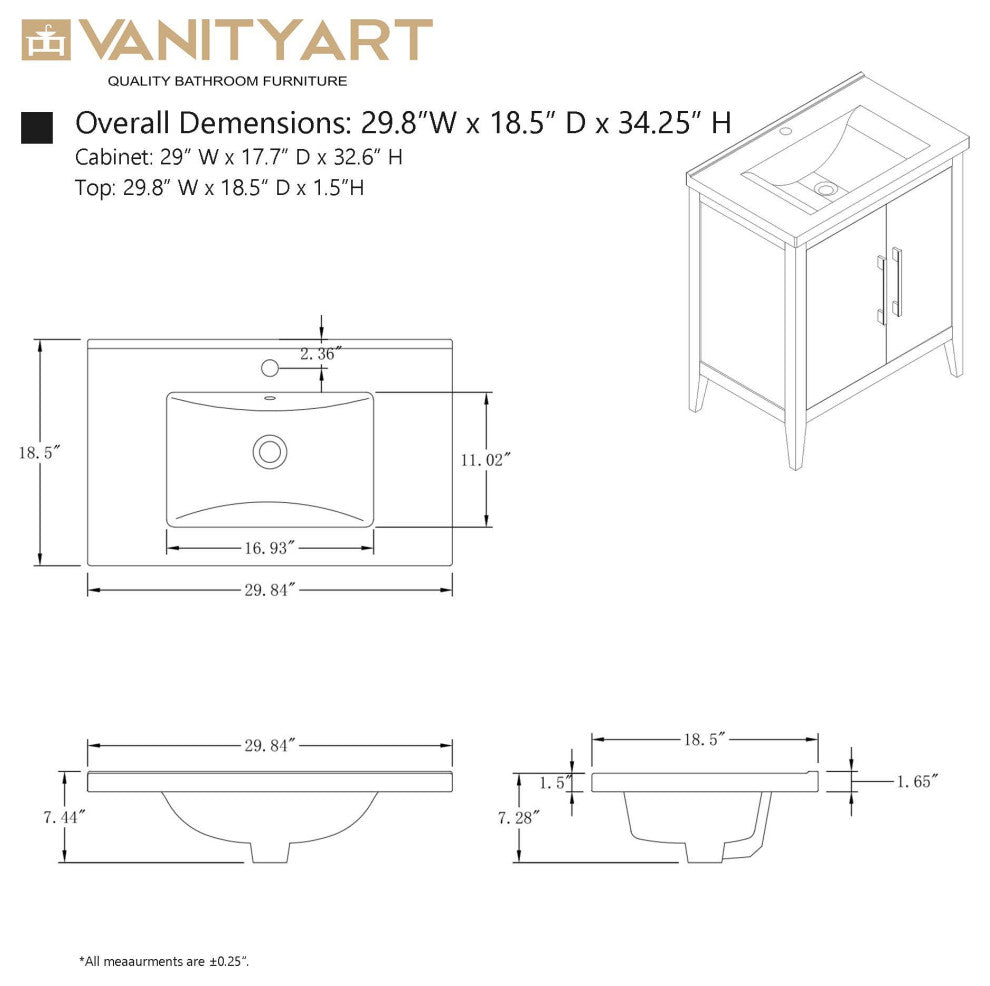 Vanity Art Bathroom Vanity With Sink, Cashmere Gray, 30", Single Sink, Golden Brushed
