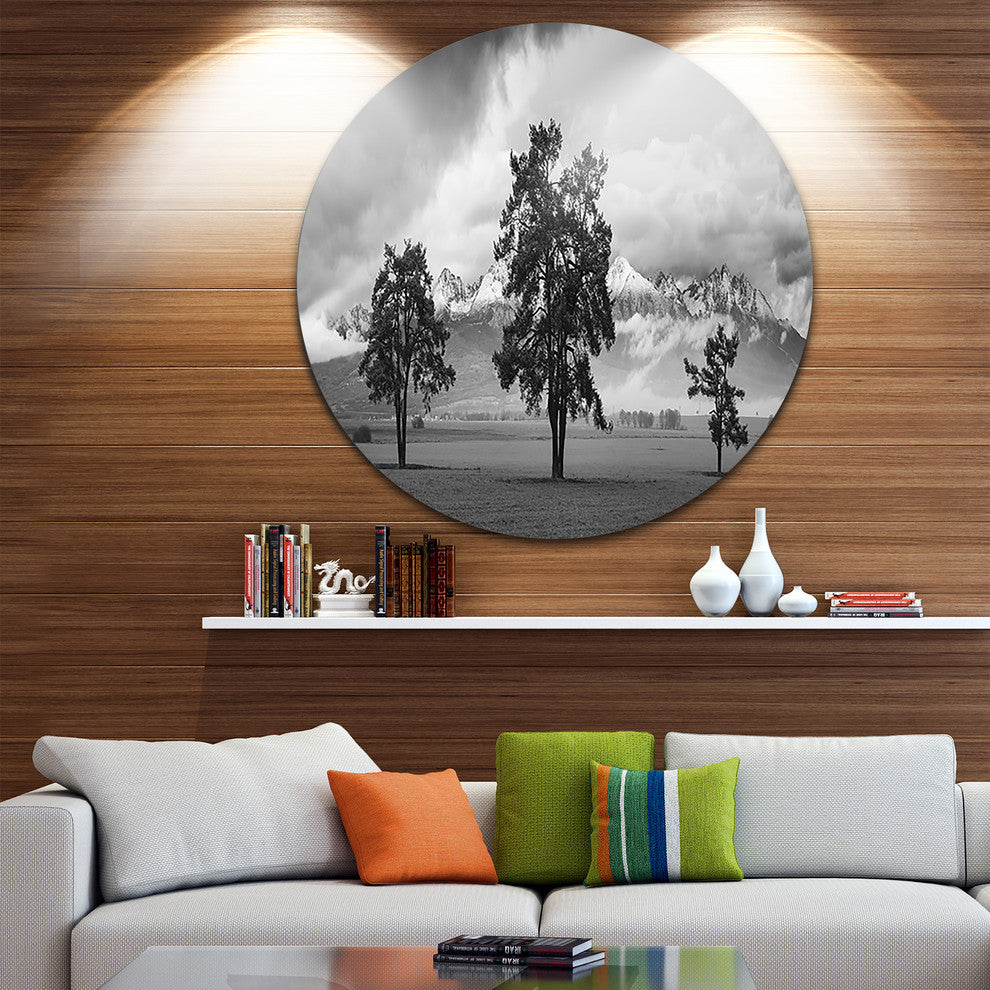 Three Trees In Front Of Mountains, Landscape Round Metal Wall Art, 23"