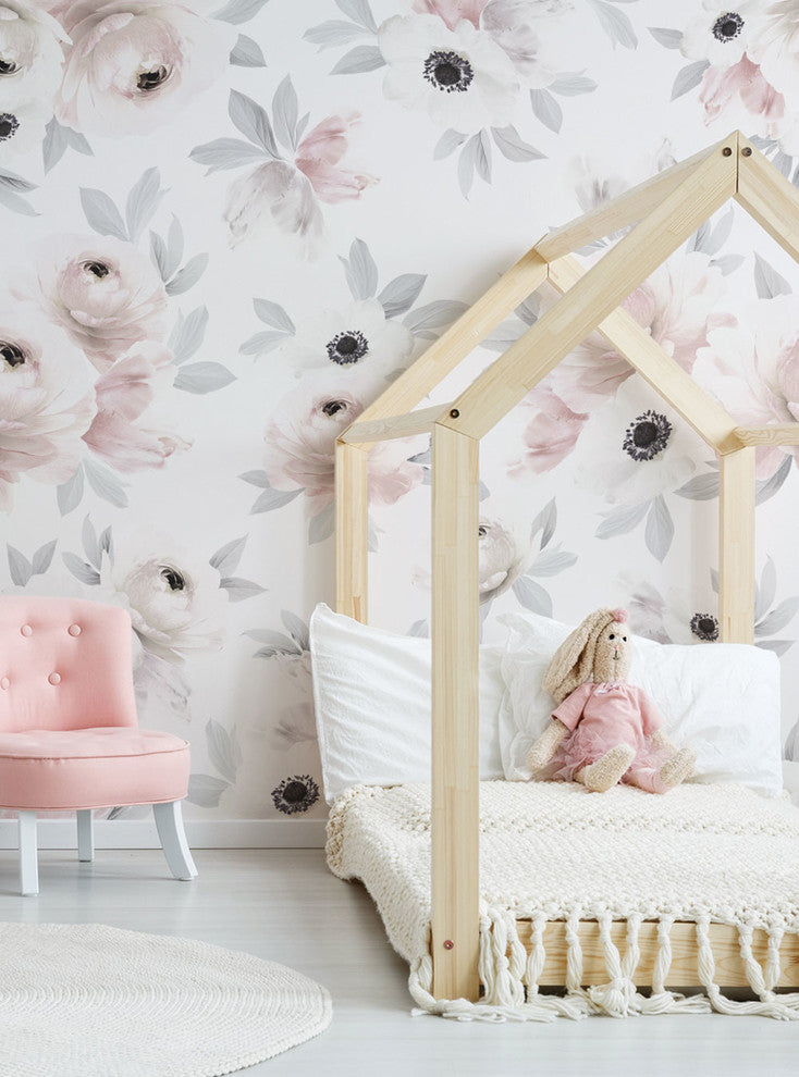 Floral Mural Wall Art Peel and Stick Vinyl Wallpaper, Romantic Pink Grey, 24"w X 96"h