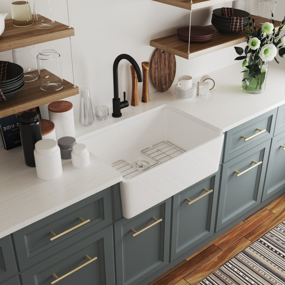 White 24 Inch Small Farmhouse Ceramic Sink with Bottom Grid and Strainer