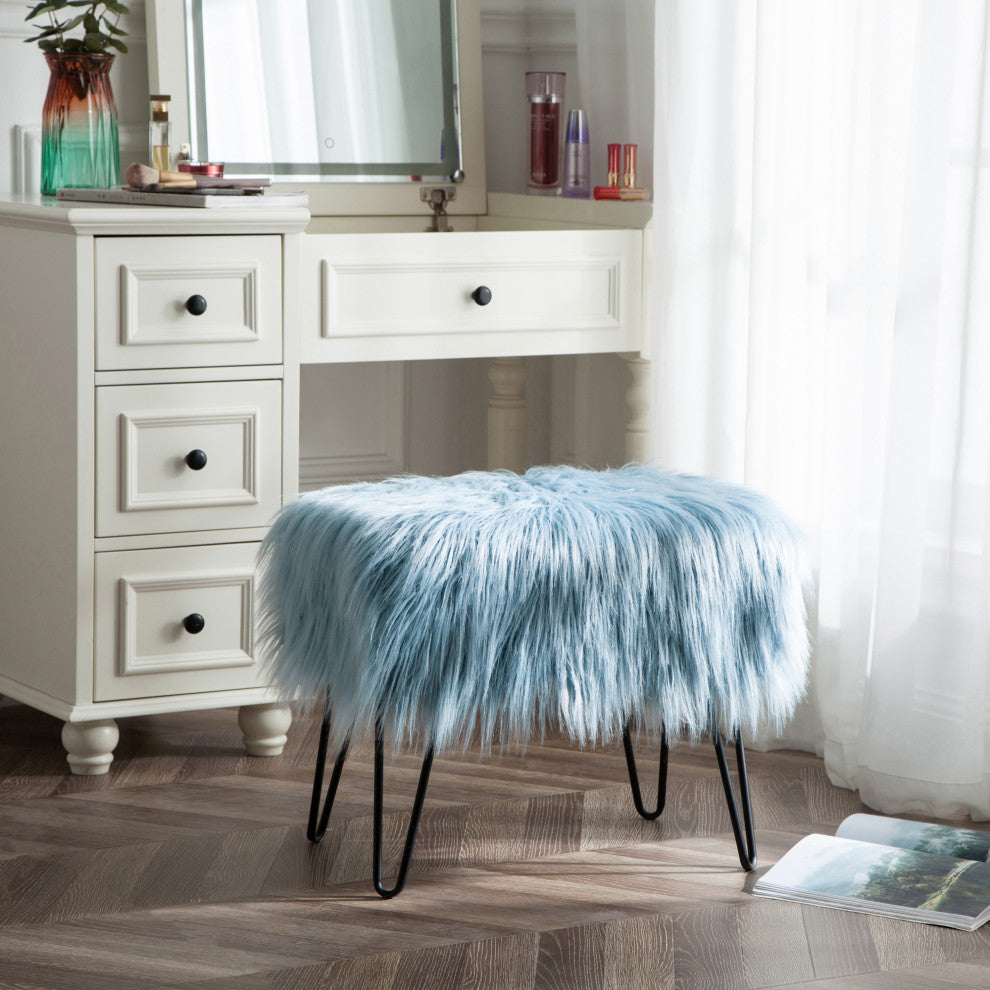 Mongolian Fur Ottoman, Forget Me Not, 19''x13''x17''