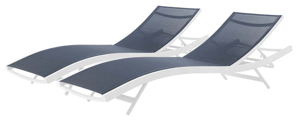 Lounge Chair Chaise, Set of 2, Aluminum, Metal, White Blue Navy, Modern, Outdoor