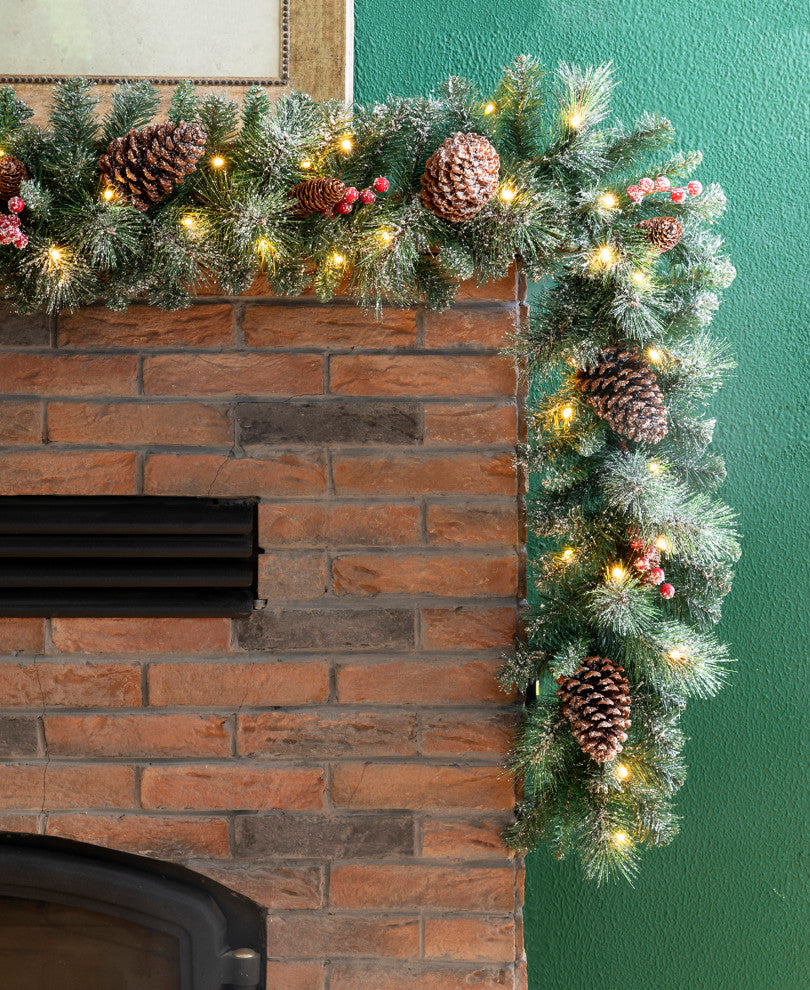 24"D Pre-Lit Christmas Wreath, 2-Pack 9' Garland & 2-Pack Flocked Christmas Tree