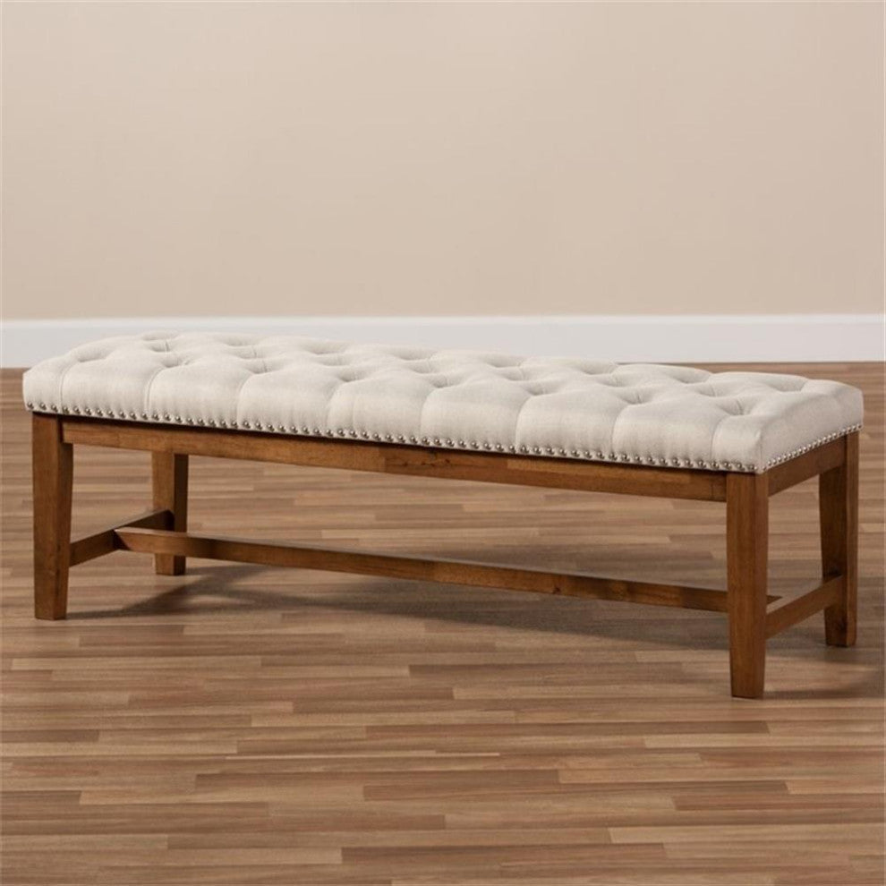 Ainsley Light Beige Upholstered Walnut Solid Rubberwood Bench