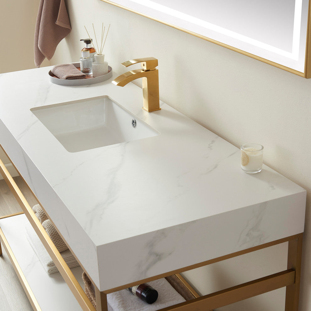 Funes Bath Vanity without Mirror, Brushed Gold Hardware, 48'', White Stone Top