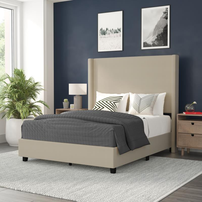 Quinn Upholstered Platform Bed with Channel Stitched Wingback Headboard, Beige, Full