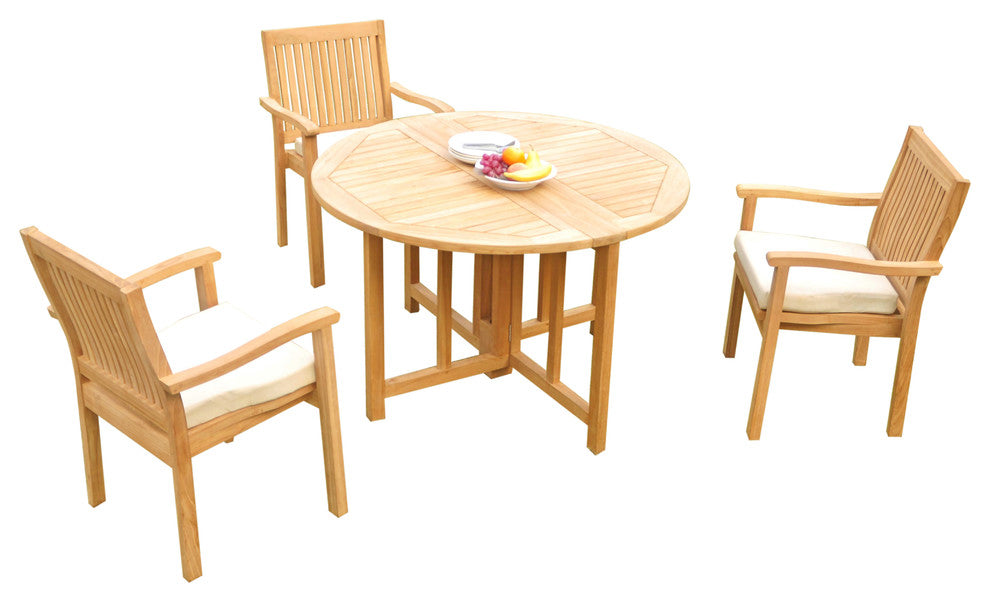 4-Piece Outdoor Teak Dining Set: 48" Butterfly Table, 3 Leveb Stacking Arm Chair