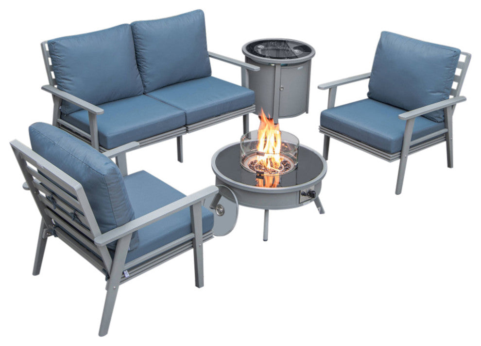 LeisureMod Walbrooke Grey Patio Sofa Set With Round Fire Pit Table, Navy Blue